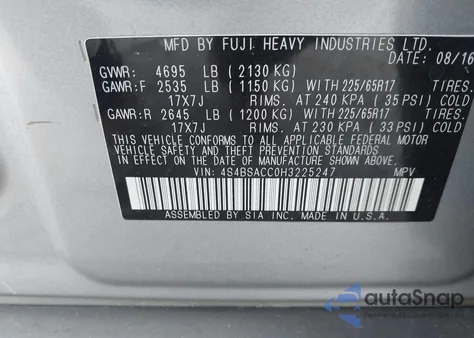 2017 Subaru Outback 2.5I Premium z USA, uszkodzony, nr VIN 4S4BSACC0H3225247